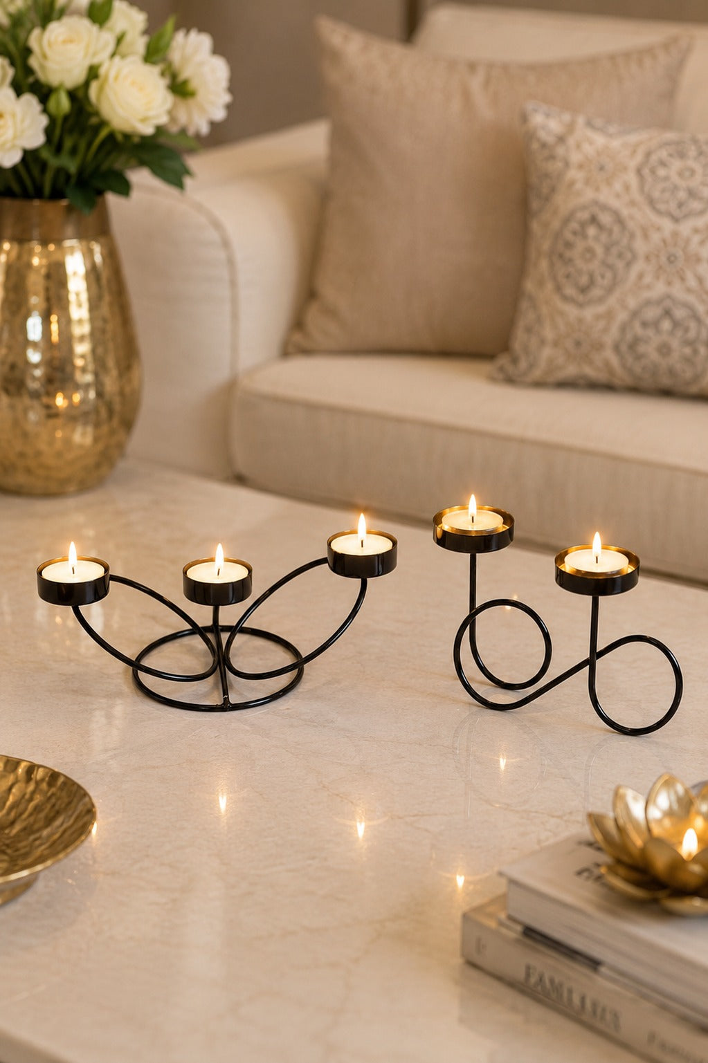 set of 2 modern metal tea light candle holder set 3 cup floral candle stand infinity double tea light holder decorative table centerpiece for home living room dining table festive decor gifting