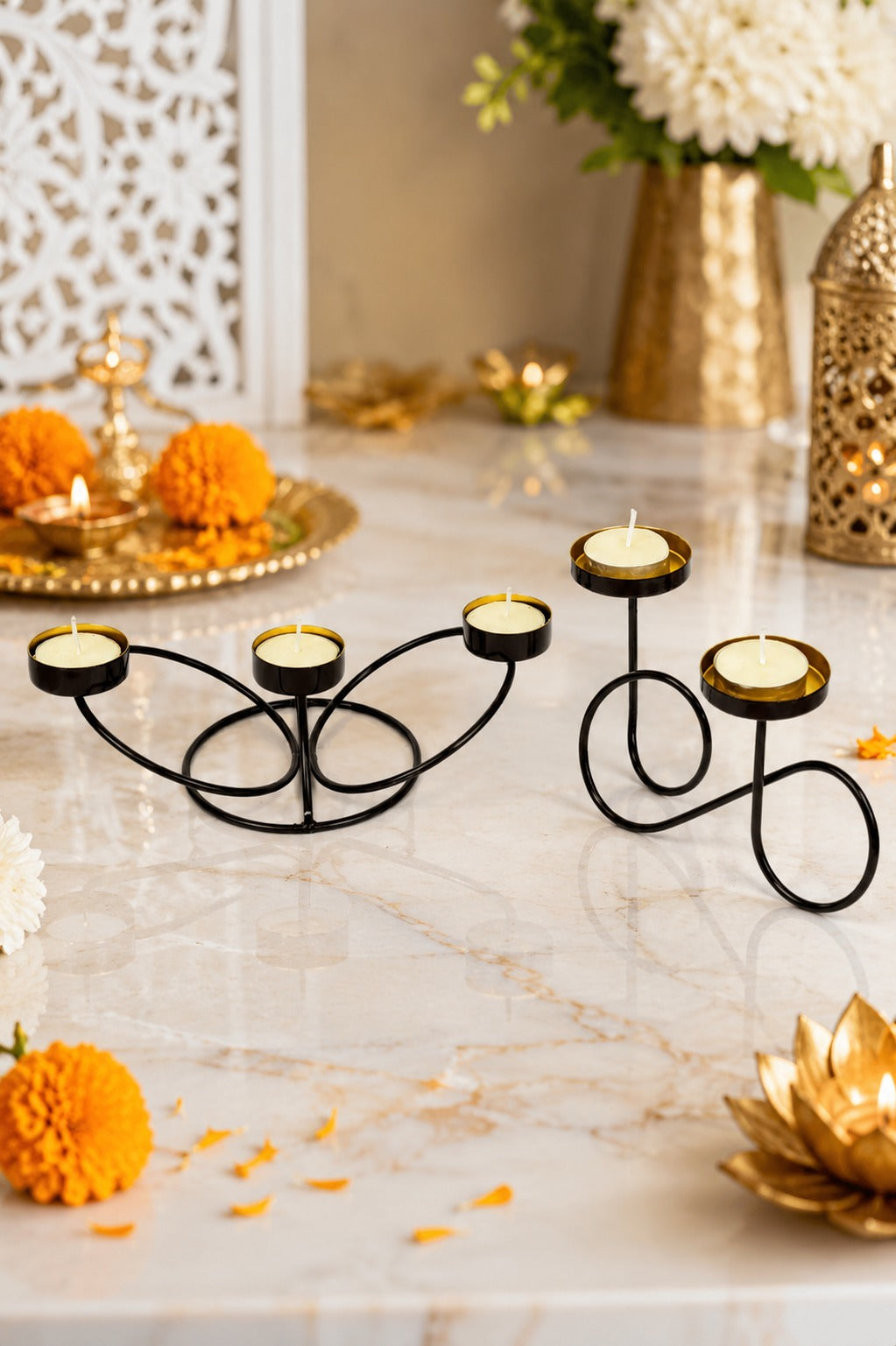 set of 2 modern metal tea light candle holder set 3 cup floral candle stand infinity double tea light holder decorative table centerpiece for home living room dining table festive decor gifting