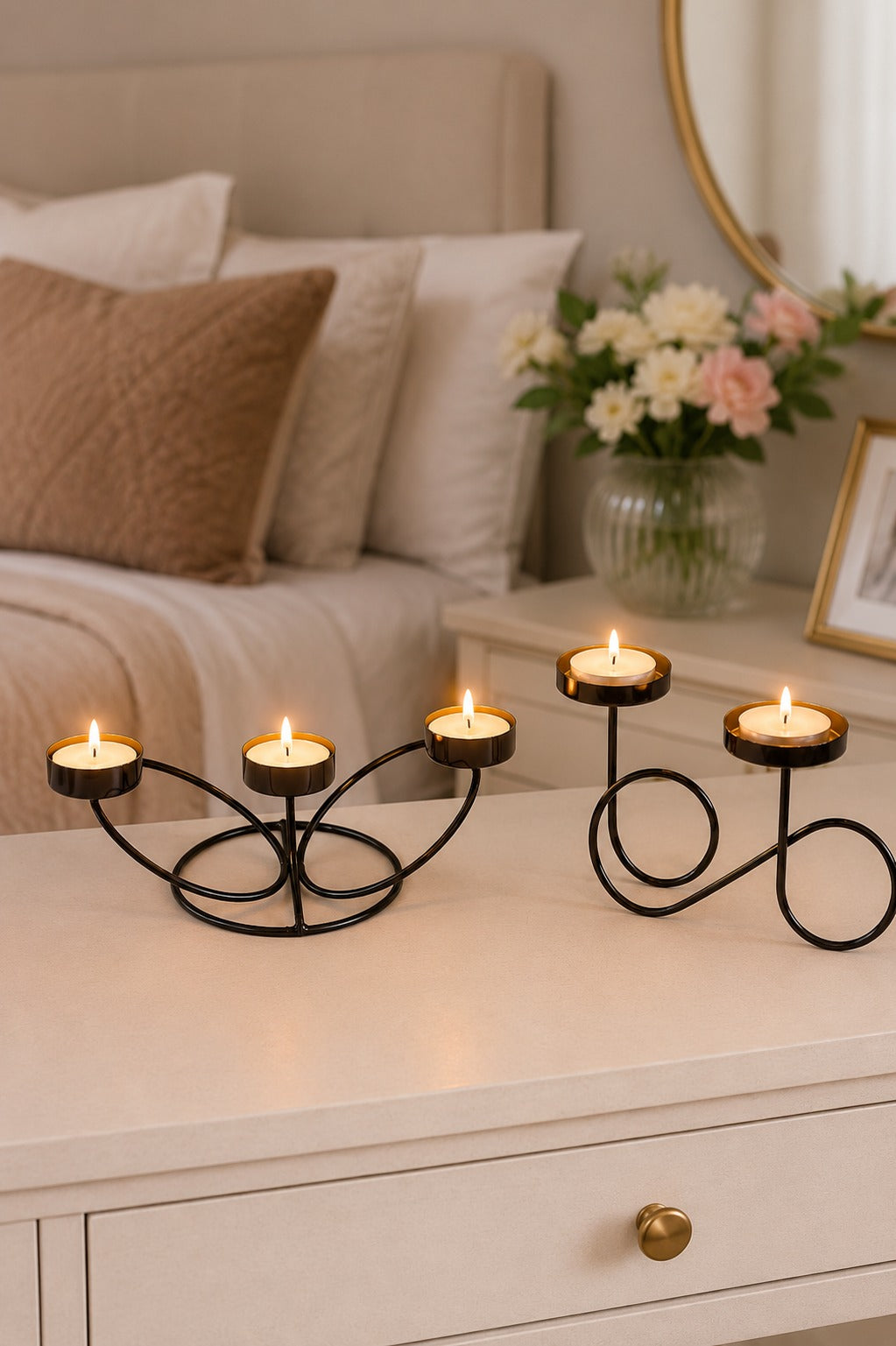 set of 2 modern metal tea light candle holder set 3 cup floral candle stand infinity double tea light holder decorative table centerpiece for home living room dining table festive decor gifting