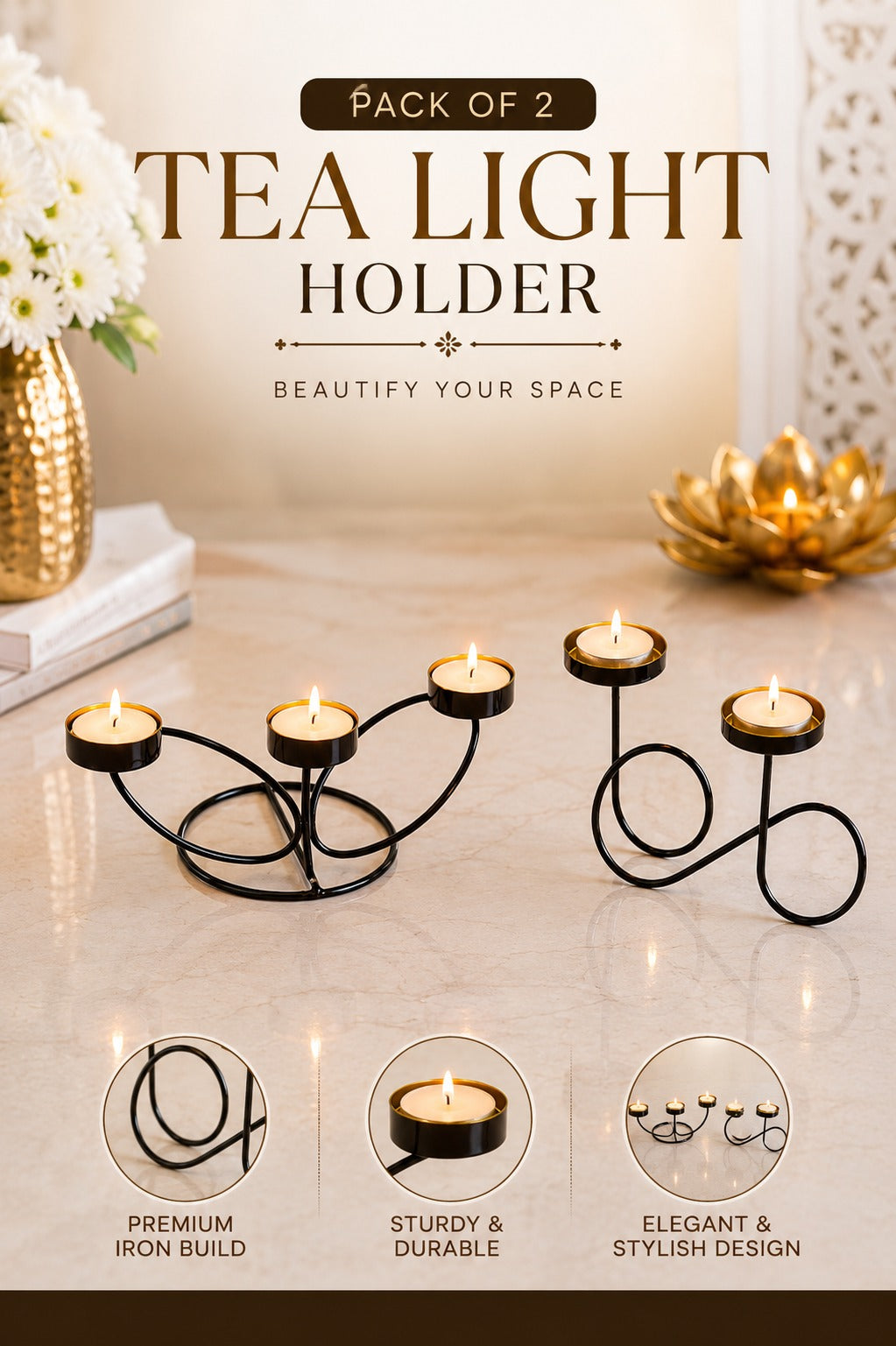 set of 2 modern metal tea light candle holder set 3 cup floral candle stand infinity double tea light holder decorative table centerpiece for home living room dining table festive decor gifting
