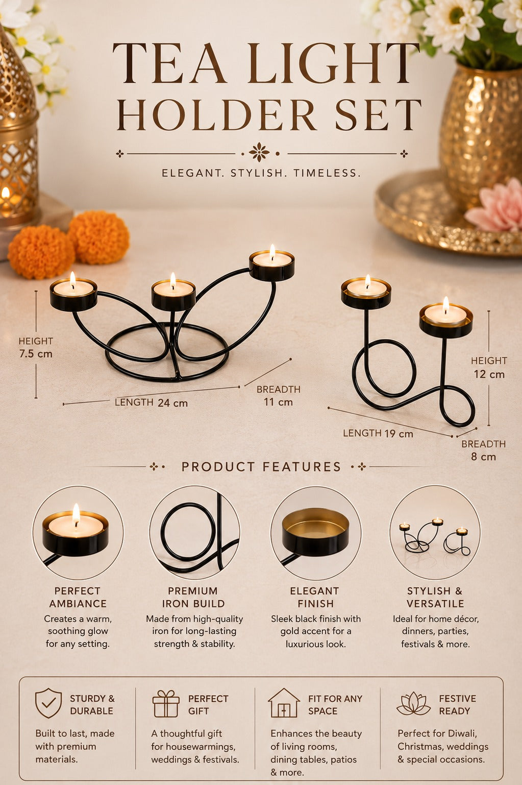 set of 2 modern metal tea light candle holder set 3 cup floral candle stand infinity double tea light holder decorative table centerpiece for home living room dining table festive decor gifting