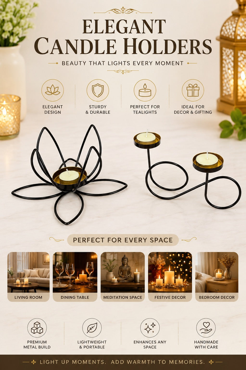 set of 2 modern metal tea light candle holders lotus flower infinity double tea light stand decorative candle holder for home living room bedroom pooja room table decor gifting