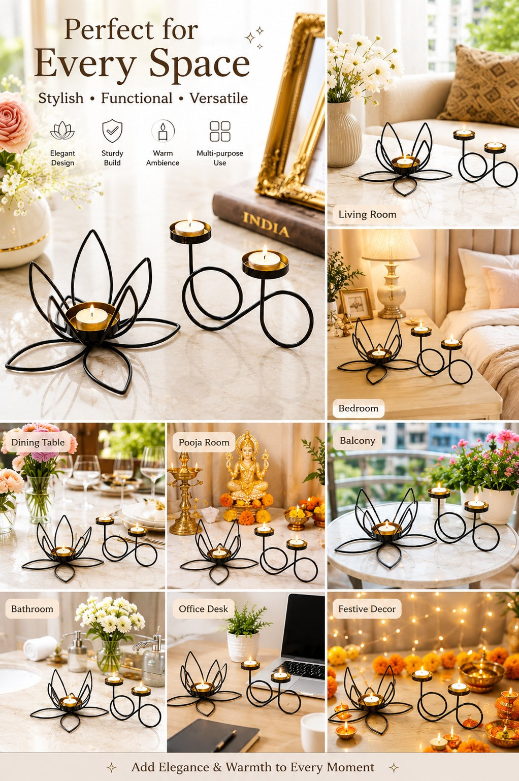 set of 2 modern metal tea light candle holders lotus flower infinity double tea light stand decorative candle holder for home living room bedroom pooja room table decor gifting