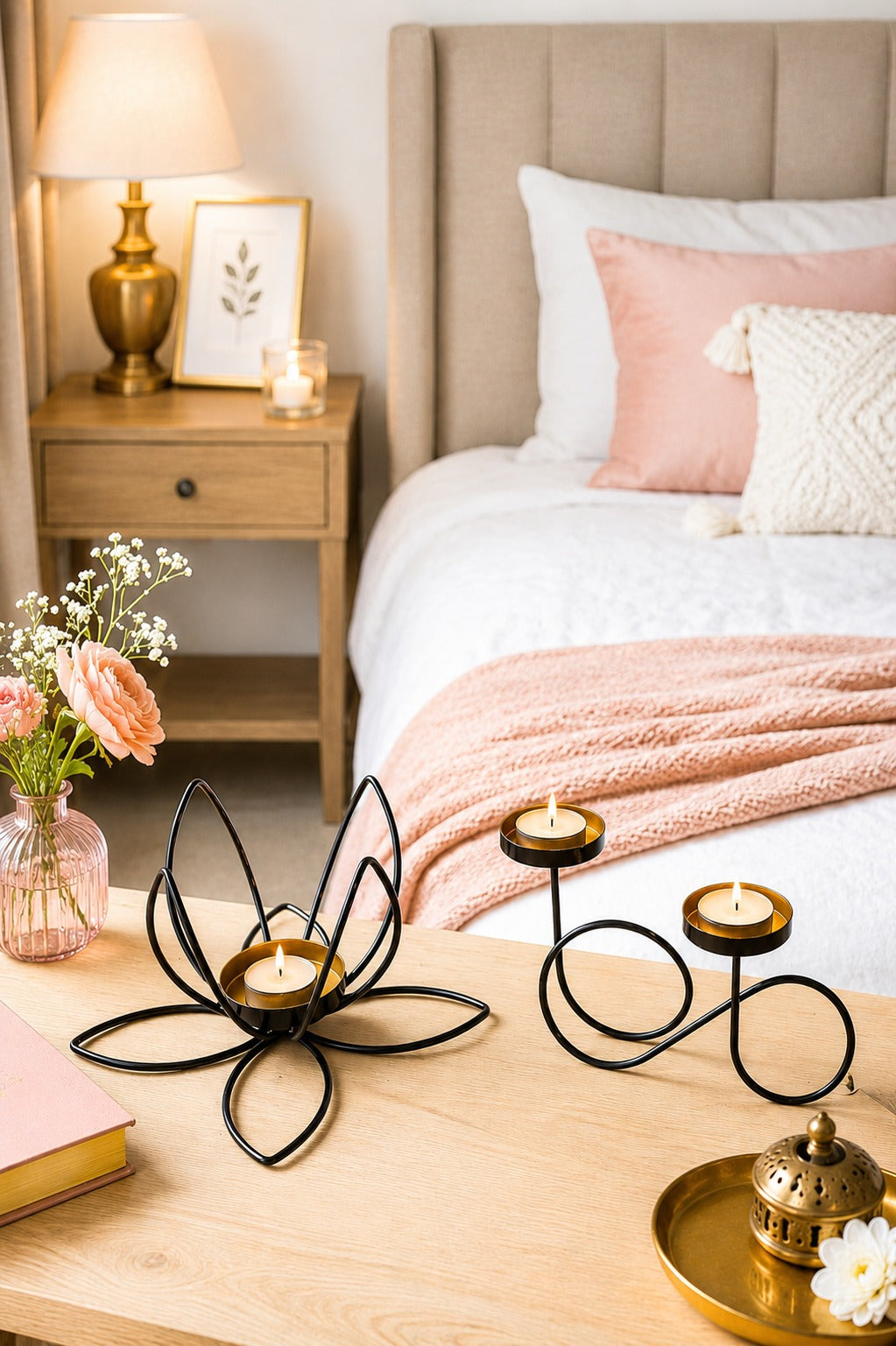set of 2 modern metal tea light candle holders lotus flower infinity double tea light stand decorative candle holder for home living room bedroom pooja room table decor gifting