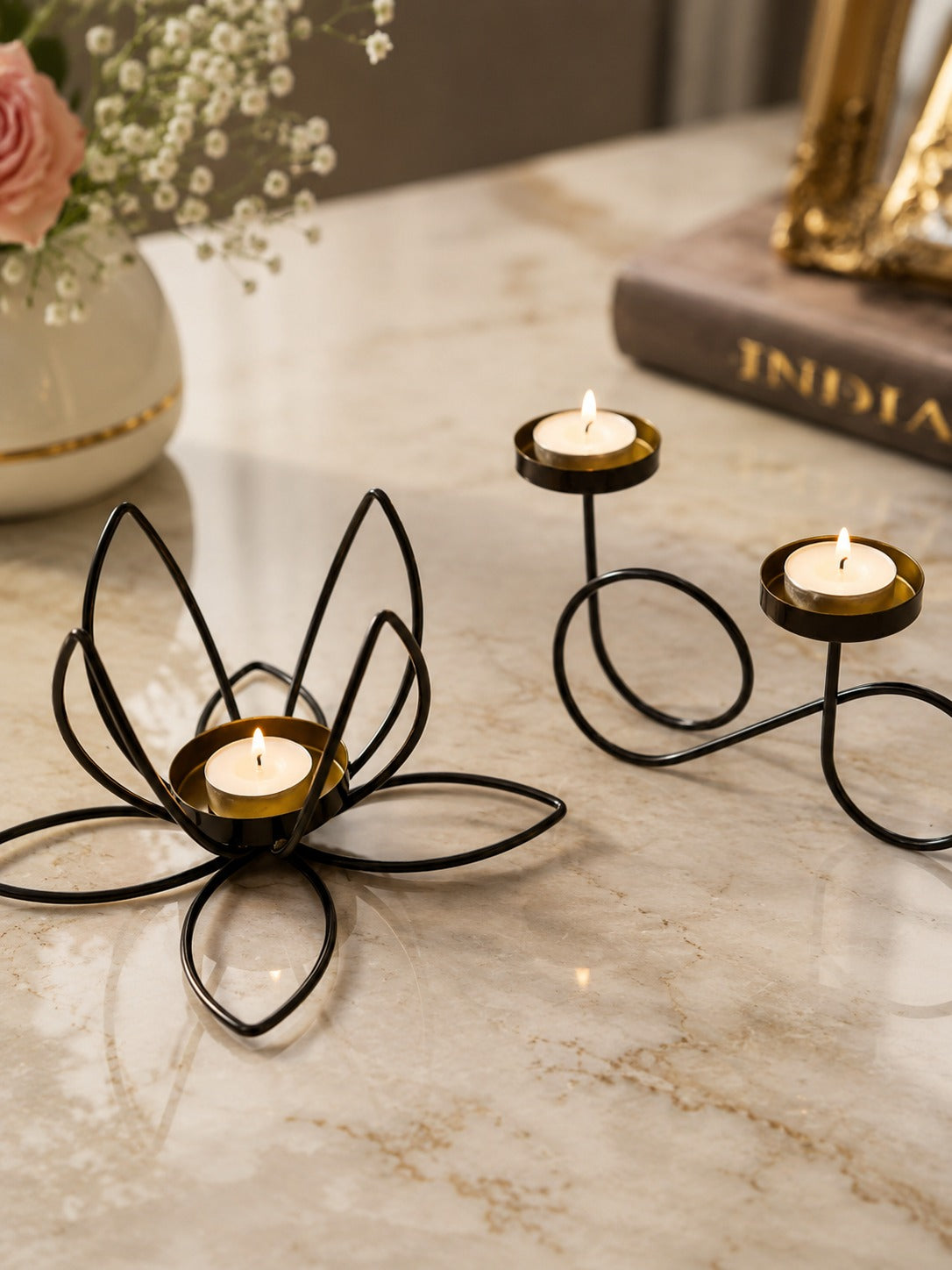 set of 2 modern metal tea light candle holders lotus flower infinity double tea light stand decorative candle holder for home living room bedroom pooja room table decor gifting