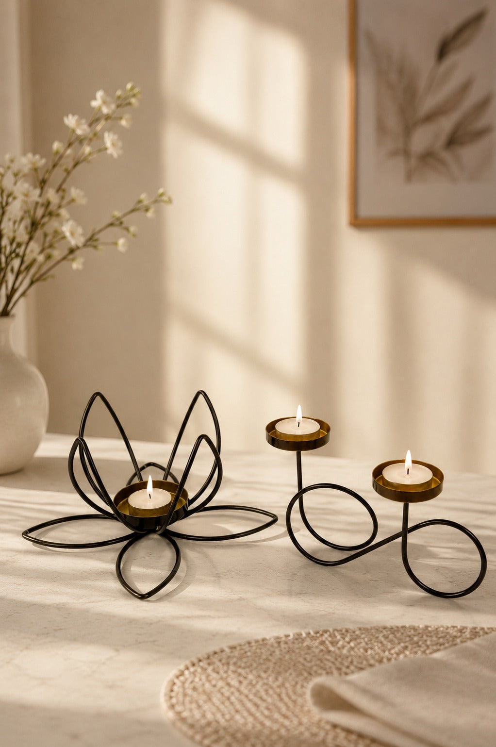 set of 2 modern metal tea light candle holders lotus flower infinity double tea light stand decorative candle holder for home living room bedroom pooja room table decor gifting