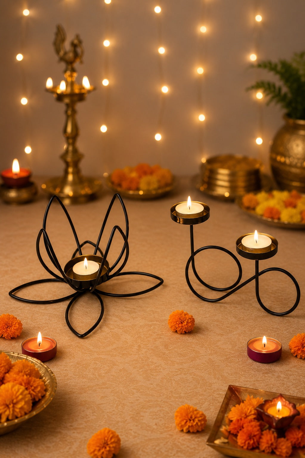 set of 2 modern metal tea light candle holders lotus flower infinity double tea light stand decorative candle holder for home living room bedroom pooja room table decor gifting