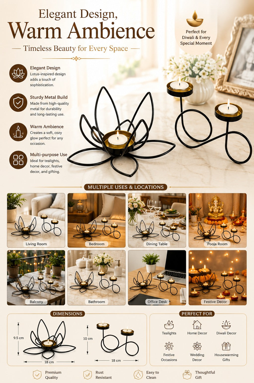 set of 2 modern metal tea light candle holders lotus flower infinity double tea light stand decorative candle holder for home living room bedroom pooja room table decor gifting