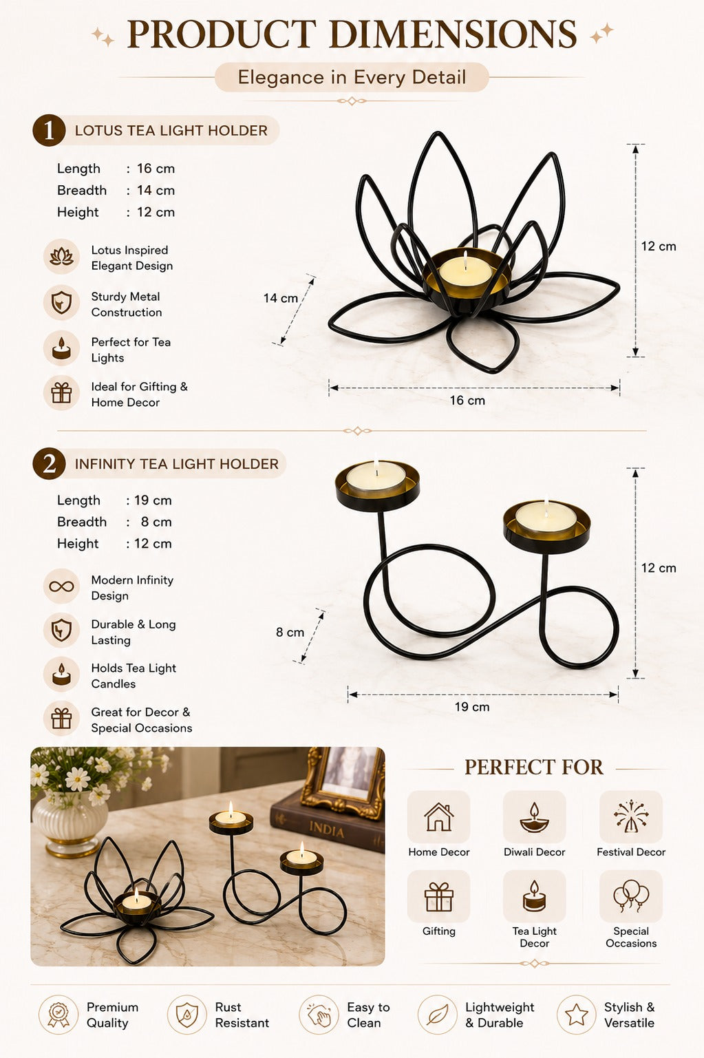set of 2 modern metal tea light candle holders lotus flower infinity double tea light stand decorative candle holder for home living room bedroom pooja room table decor gifting