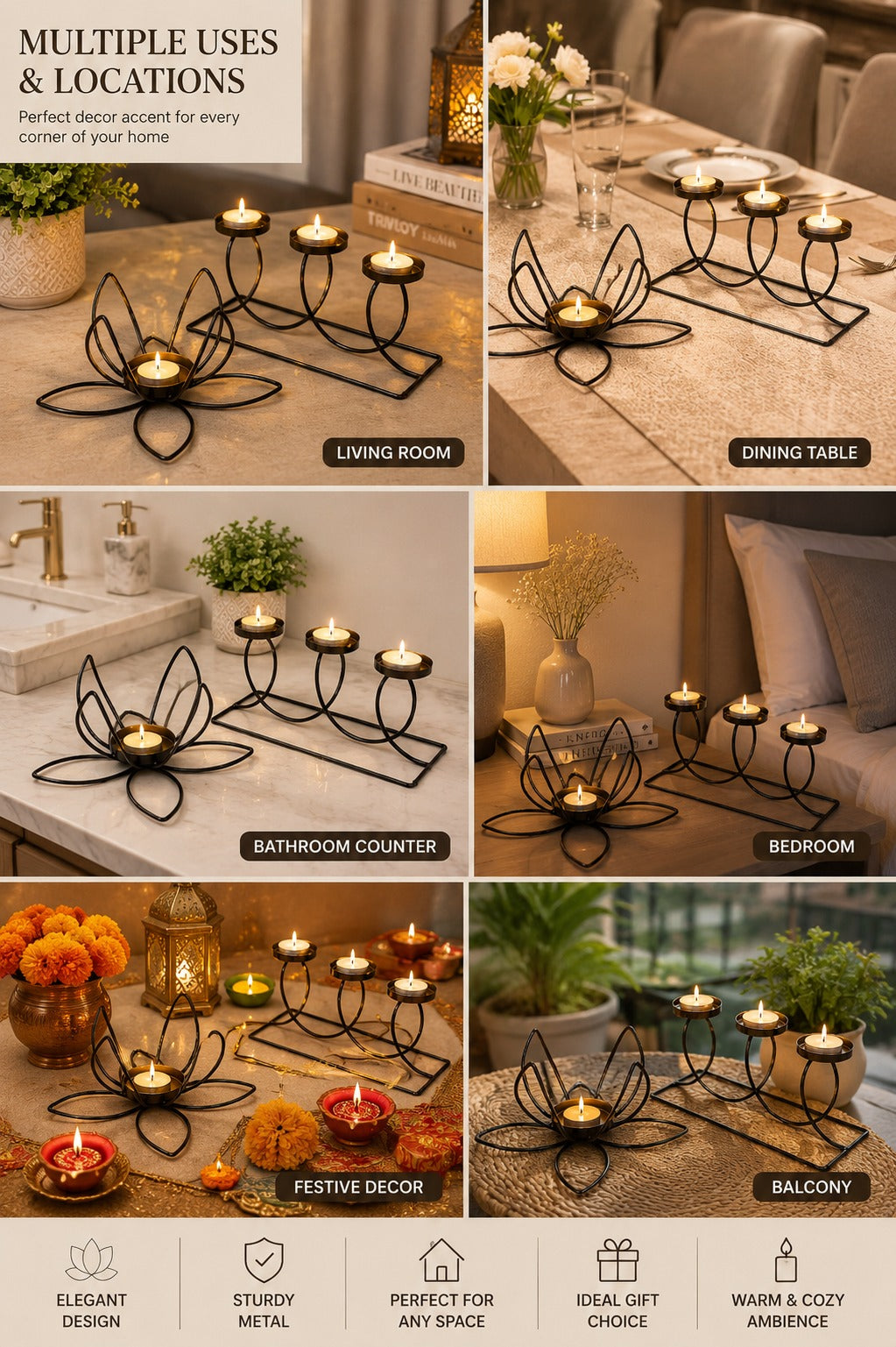set of 2 modern metal tea light candle holders lotus 3 cup candle stand set decorative table centerpiece for home living room bedroom dining table festival decor gifting