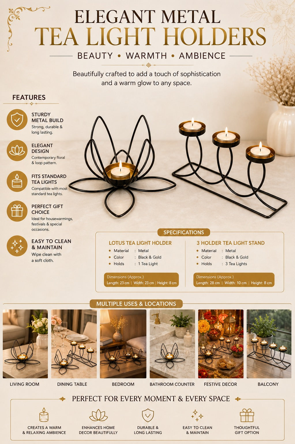 set of 2 modern metal tea light candle holders lotus 3 cup candle stand set decorative table centerpiece for home living room bedroom dining table festival decor gifting