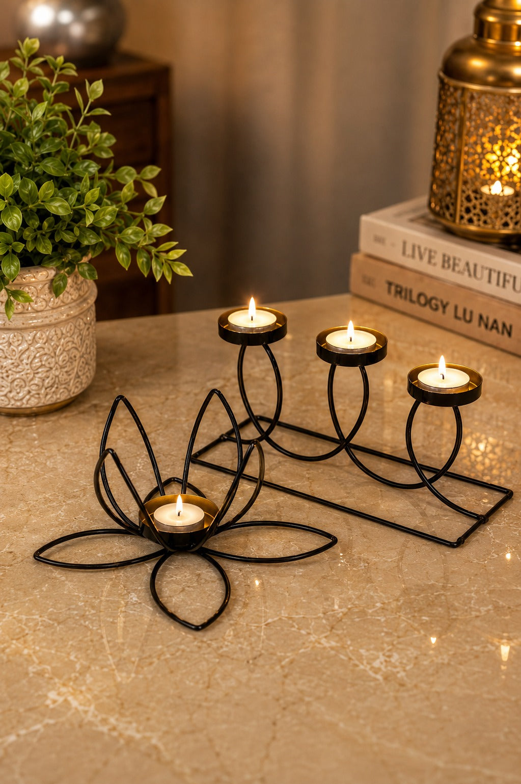 set of 2 modern metal tea light candle holders lotus 3 cup candle stand set decorative table centerpiece for home living room bedroom dining table festival decor gifting