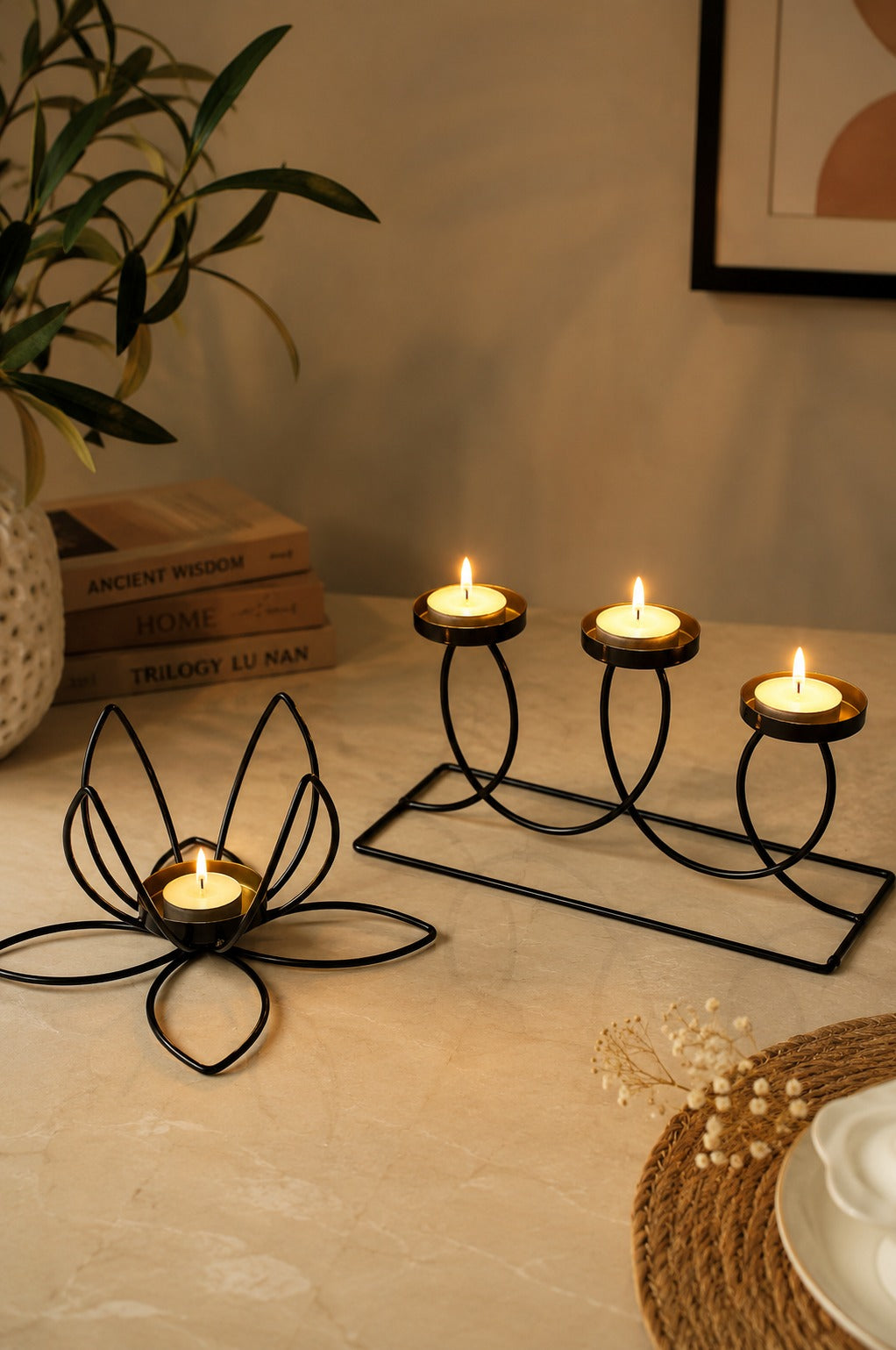 set of 2 modern metal tea light candle holders lotus 3 cup candle stand set decorative table centerpiece for home living room bedroom dining table festival decor gifting