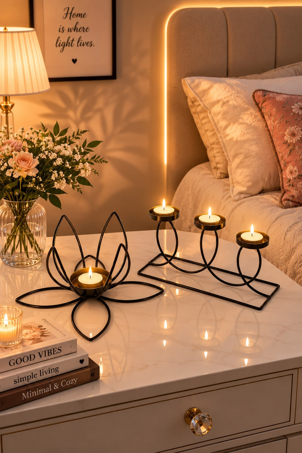 set of 2 modern metal tea light candle holders lotus 3 cup candle stand set decorative table centerpiece for home living room bedroom dining table festival decor gifting