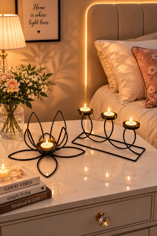 set of 2 modern metal tea light candle holders lotus 3 cup candle stand set decorative table centerpiece for home living room bedroom dining table festival decor gifting