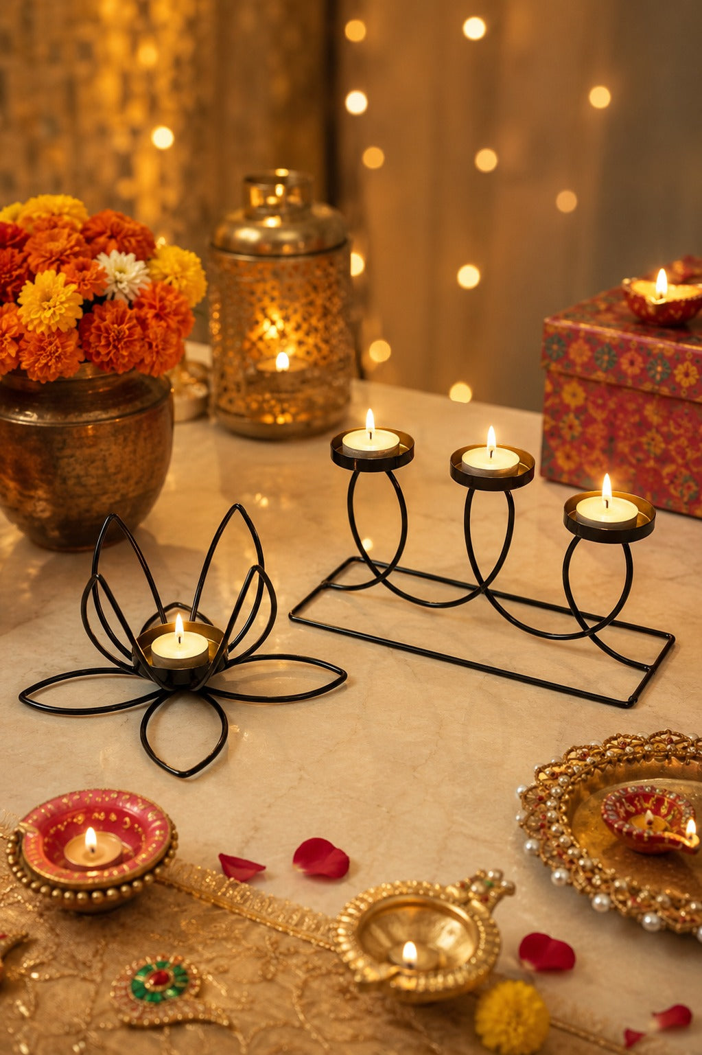 set of 2 modern metal tea light candle holders lotus 3 cup candle stand set decorative table centerpiece for home living room bedroom dining table festival decor gifting