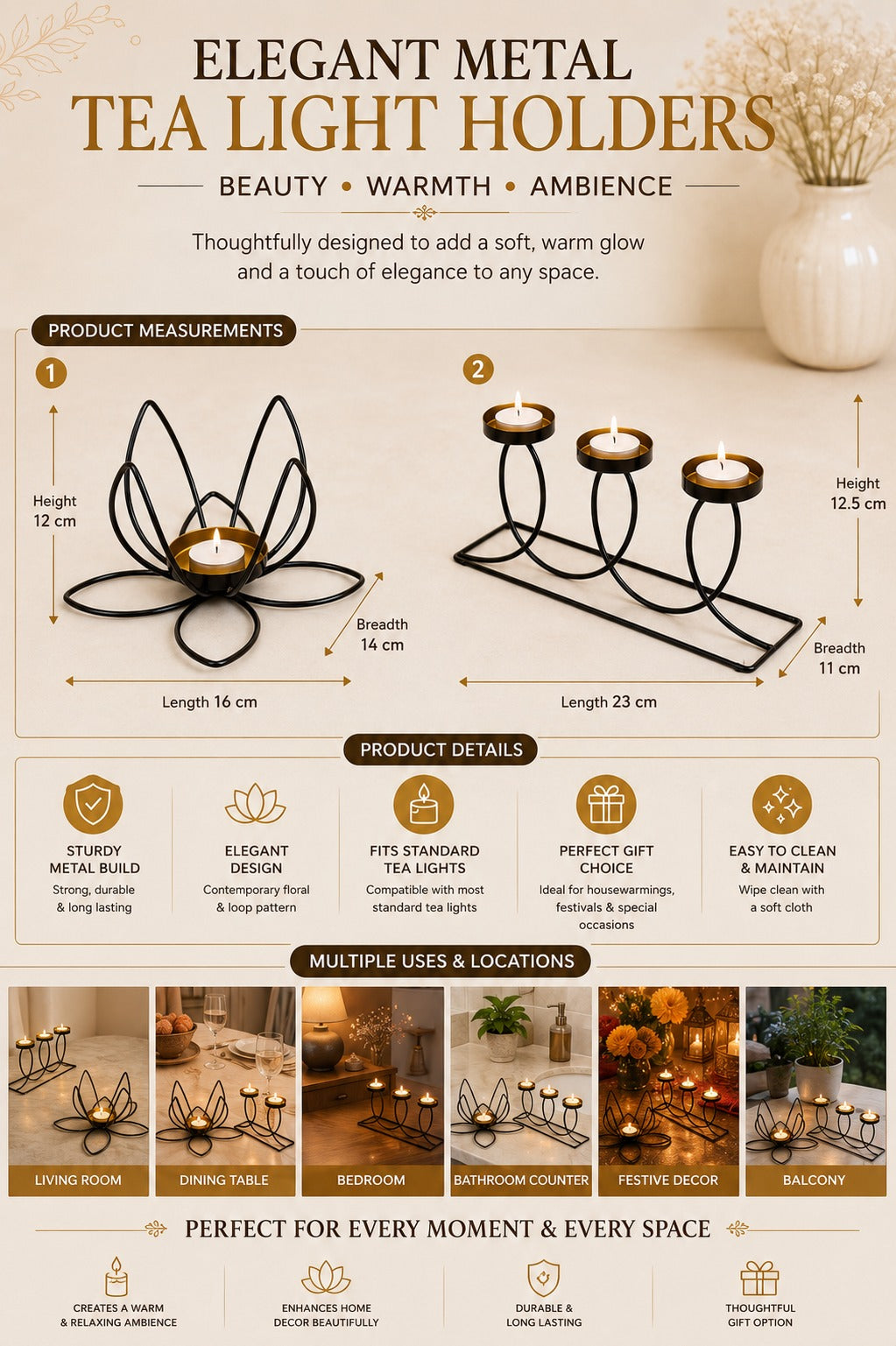 set of 2 modern metal tea light candle holders lotus 3 cup candle stand set decorative table centerpiece for home living room bedroom dining table festival decor gifting