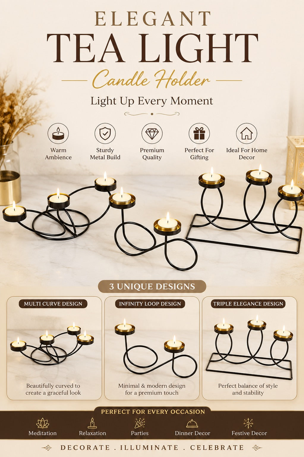 modern metal tea light candle holder set of 3 decorative black iron candle stand collection elegant table centerpiece for home decor festive decoration