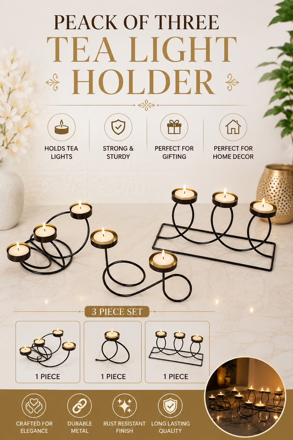 modern metal tea light candle holder set of 3 decorative black iron candle stand collection elegant table centerpiece for home decor festive decoration