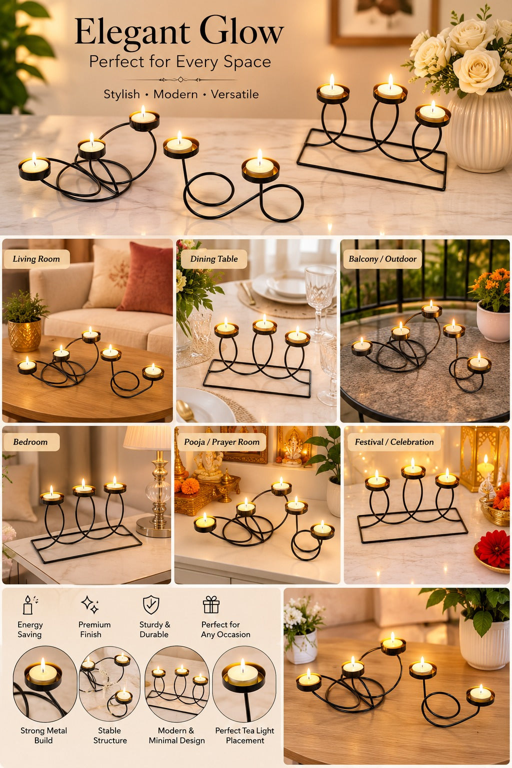 modern metal tea light candle holder set of 3 decorative black iron candle stand collection elegant table centerpiece for home decor festive decoration