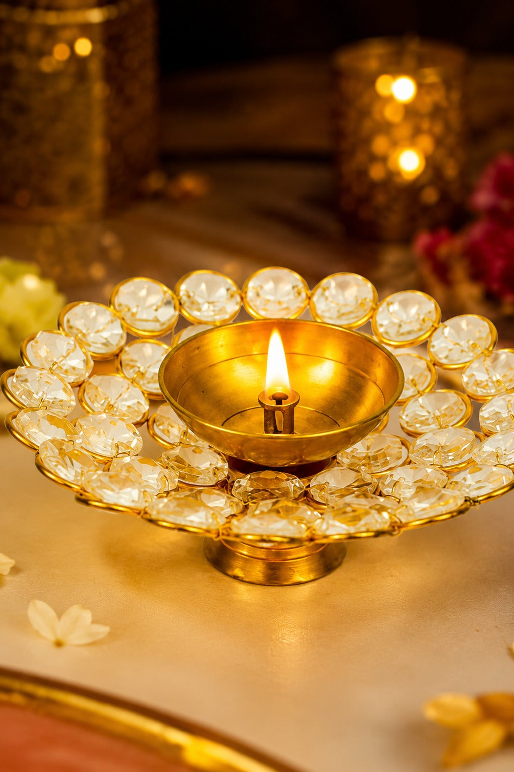 crystal kundan diya set of 2 decorative metal oil lamp with premium crystal design traditional pooja deepak for diwali temple home decor festive gifting copy