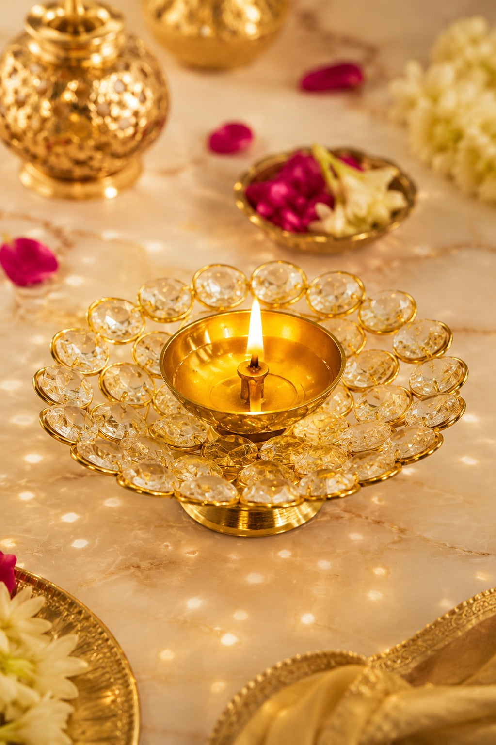 crystal kundan diya set of 2 decorative metal oil lamp with premium crystal design traditional pooja deepak for diwali temple home decor festive gifting copy