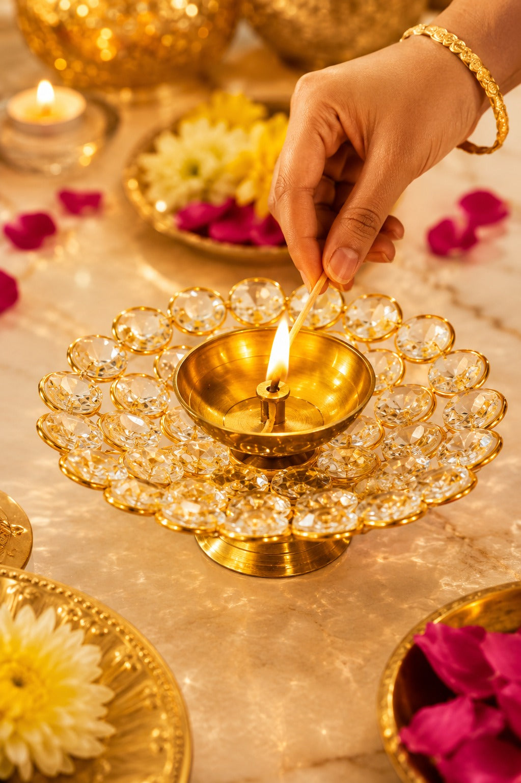 crystal kundan diya set of 2 decorative metal oil lamp with premium crystal design traditional pooja deepak for diwali temple home decor festive gifting copy
