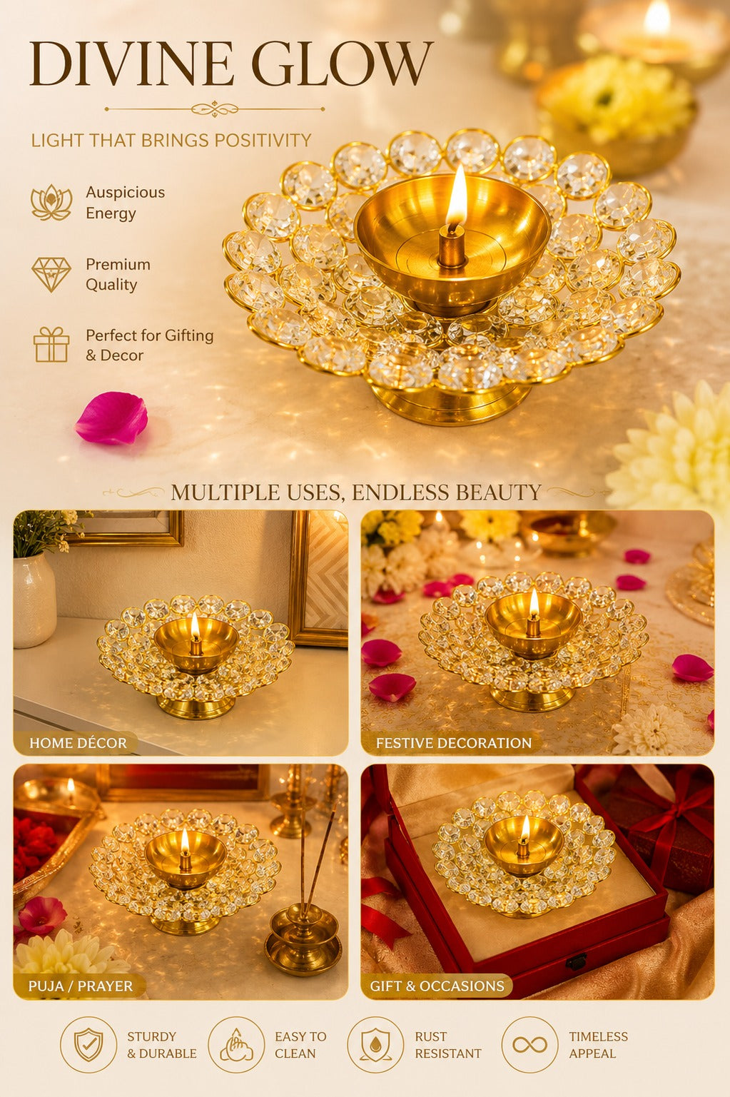 crystal kundan diya set of 2 decorative metal oil lamp with premium crystal design traditional pooja deepak for diwali temple home decor festive gifting copy