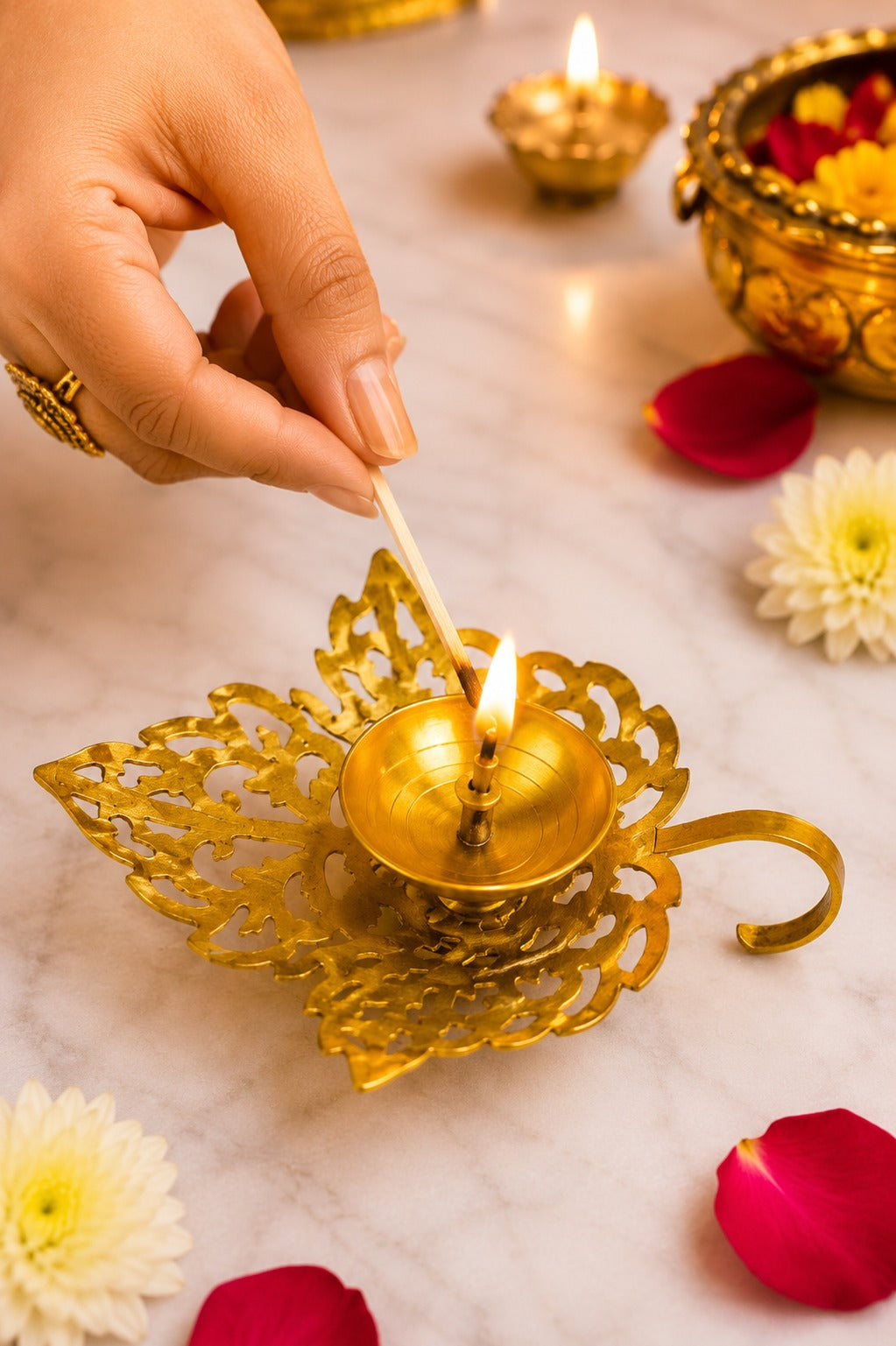 metal leaf diya decorative metal oil lamp with elegant leaf design traditional pooja deepak for home temple diwali decor festive gifting