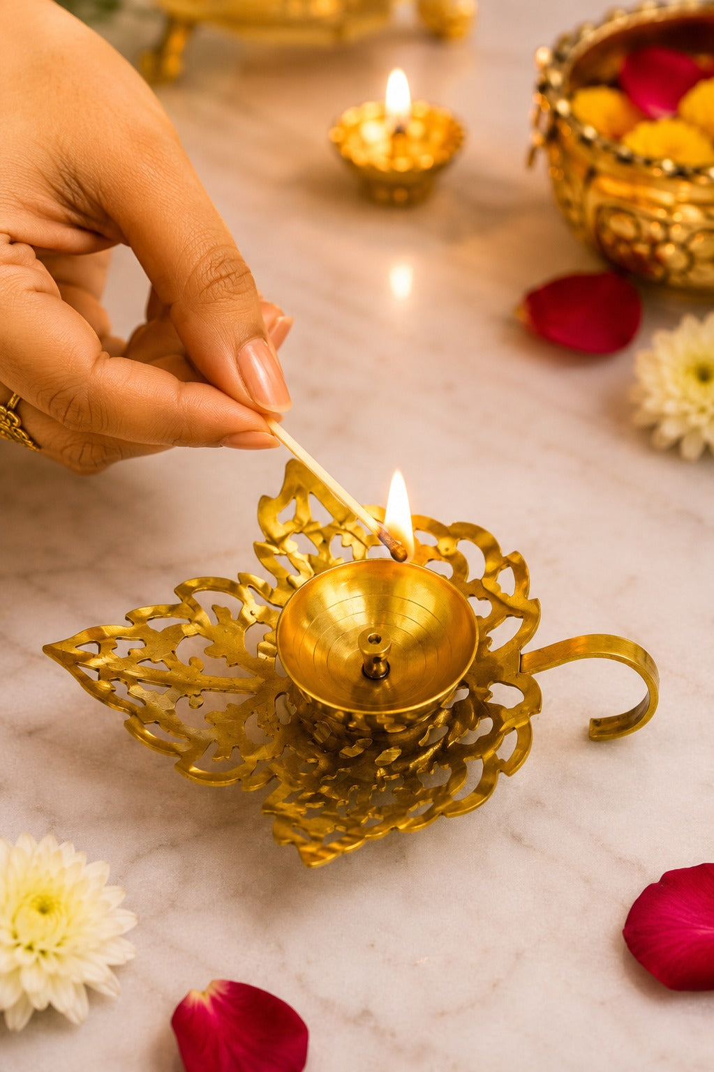 metal leaf diya decorative metal oil lamp with elegant leaf design traditional pooja deepak for home temple diwali decor festive gifting
