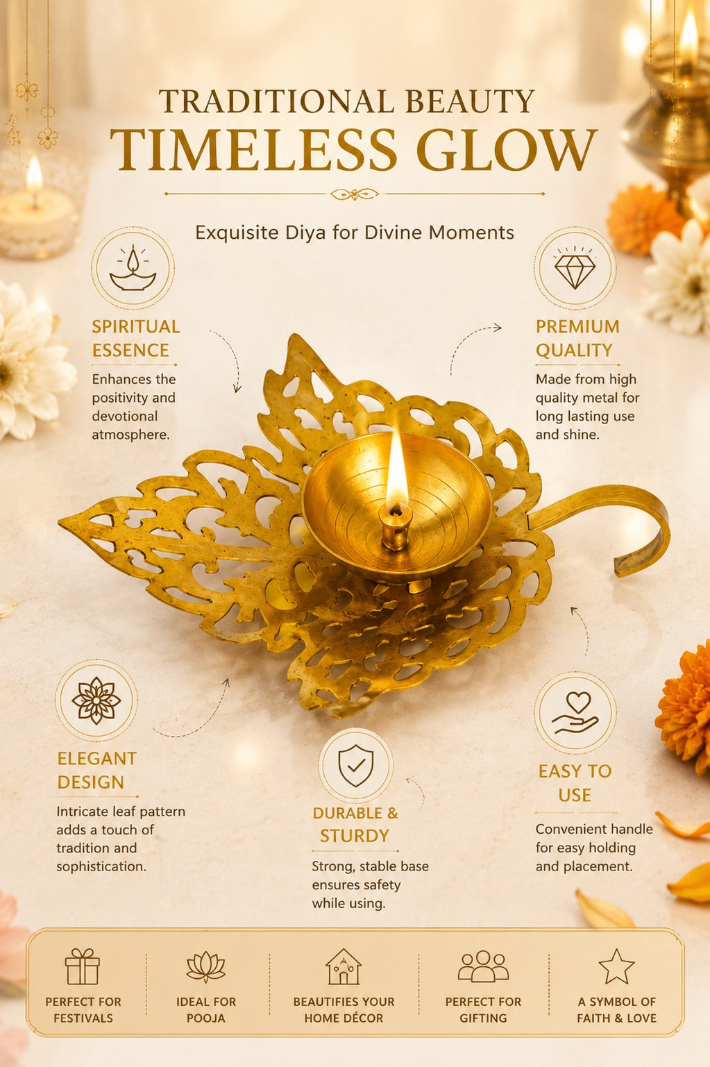 metal leaf diya decorative metal oil lamp with elegant leaf design traditional pooja deepak for home temple diwali decor festive gifting