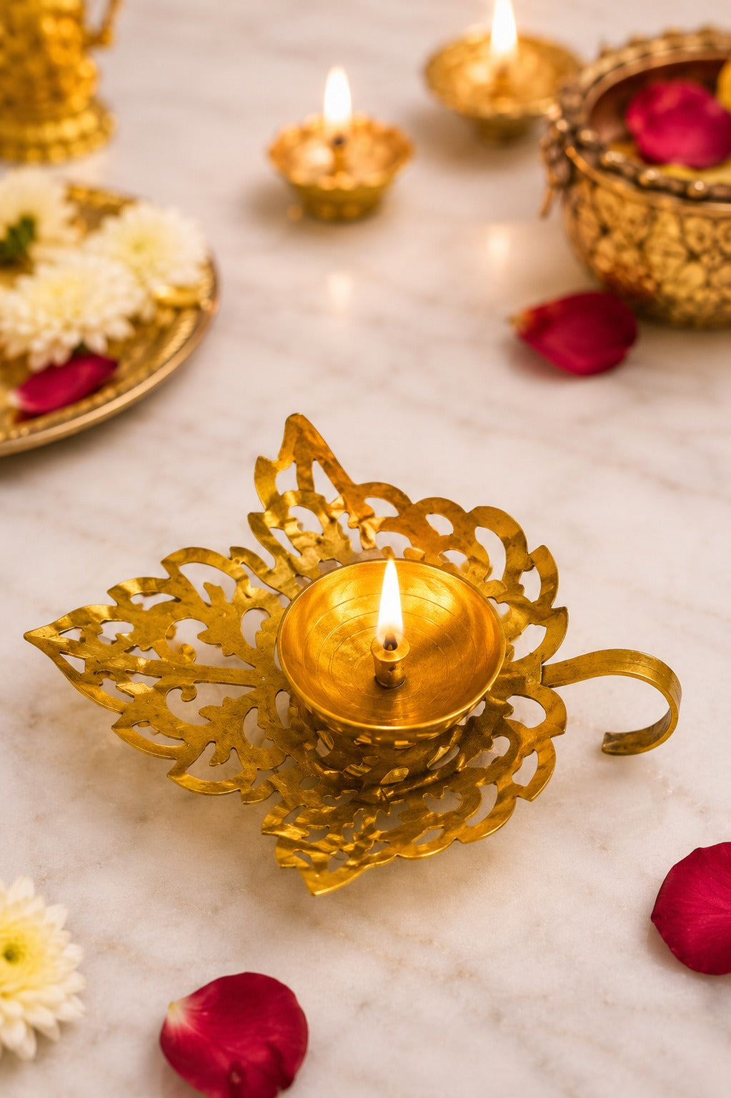 metal leaf diya decorative metal oil lamp with elegant leaf design traditional pooja deepak for home temple diwali decor festive gifting
