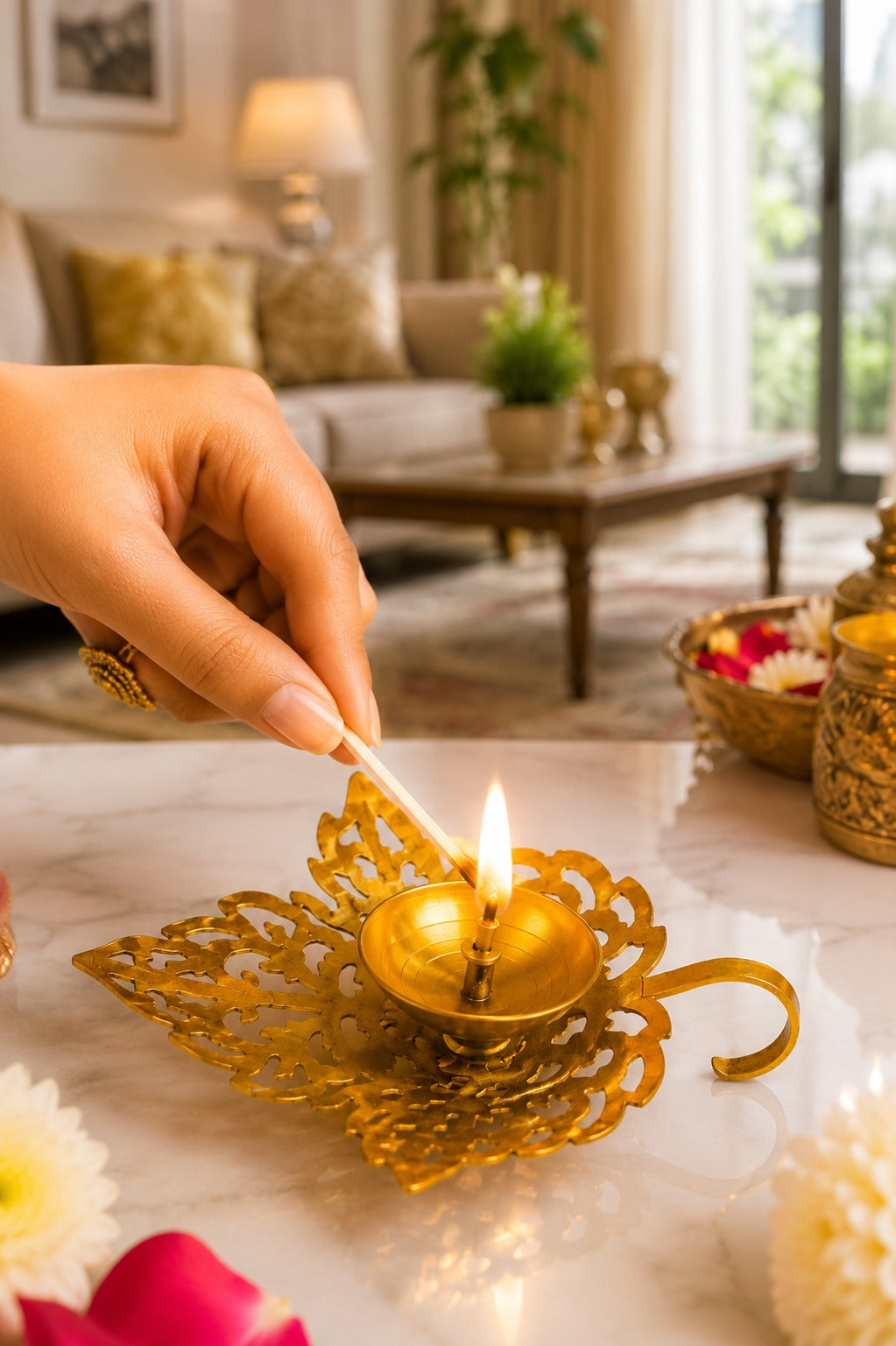metal leaf diya decorative metal oil lamp with elegant leaf design traditional pooja deepak for home temple diwali decor festive gifting