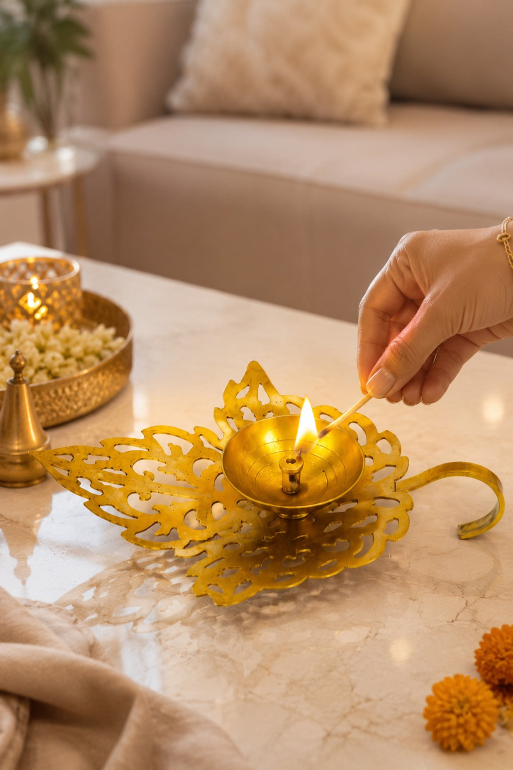 metal leaf diya decorative metal oil lamp with elegant leaf design traditional pooja deepak for home temple diwali decor festive gifting
