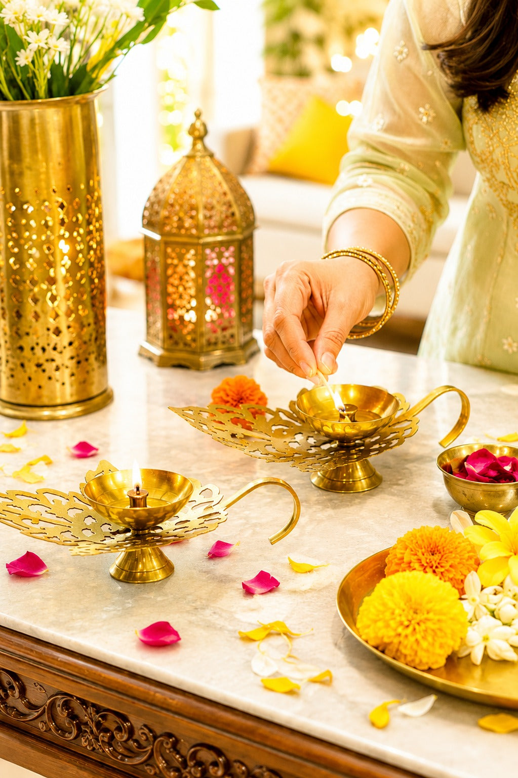 brass leaf diya set of 2 decorative brass oil lamps with elegant leaf design traditional pooja deepak for home temple diwali decor festive gifting