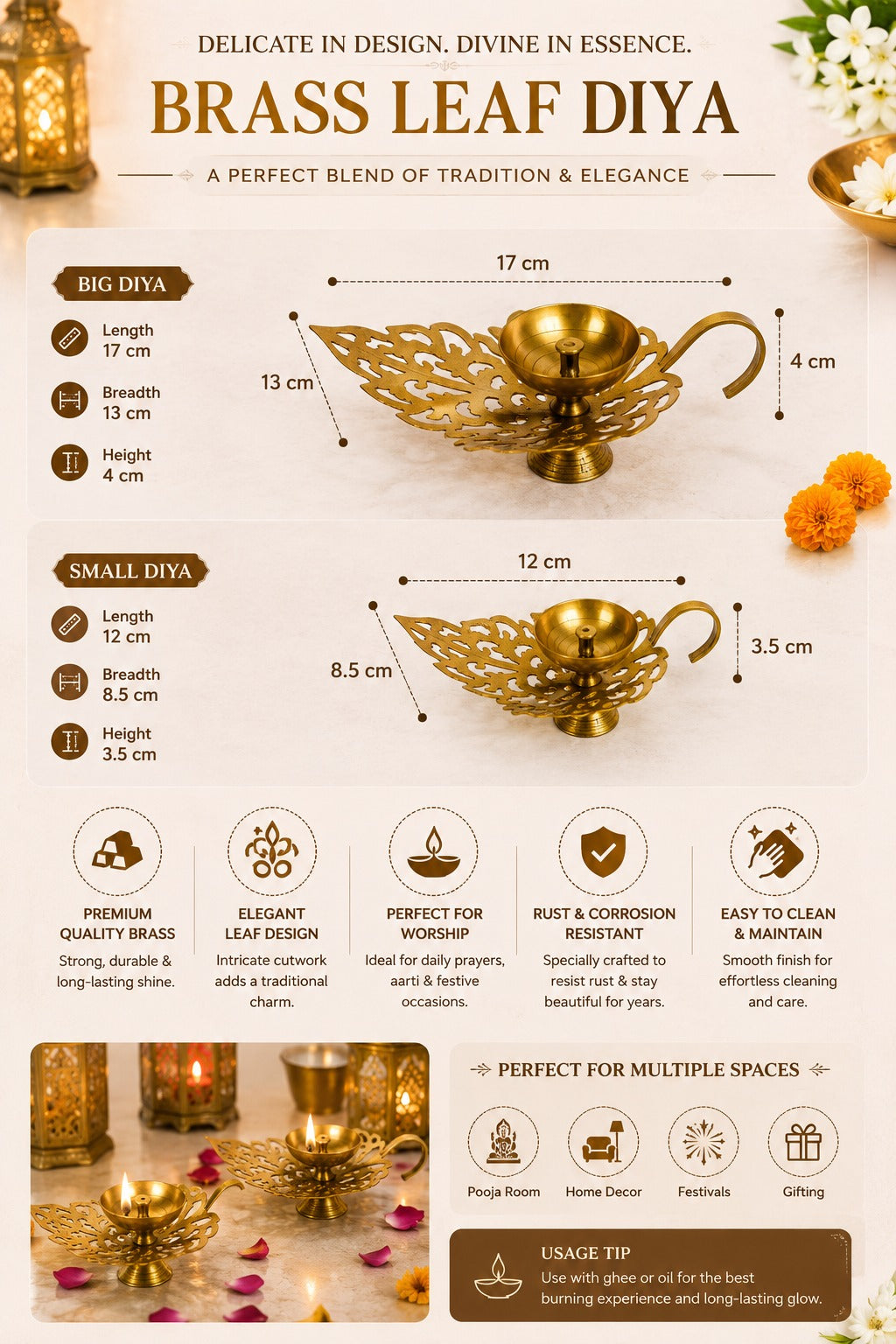 brass leaf diya set of 2 decorative brass oil lamps with elegant leaf design traditional pooja deepak for home temple diwali decor festive gifting