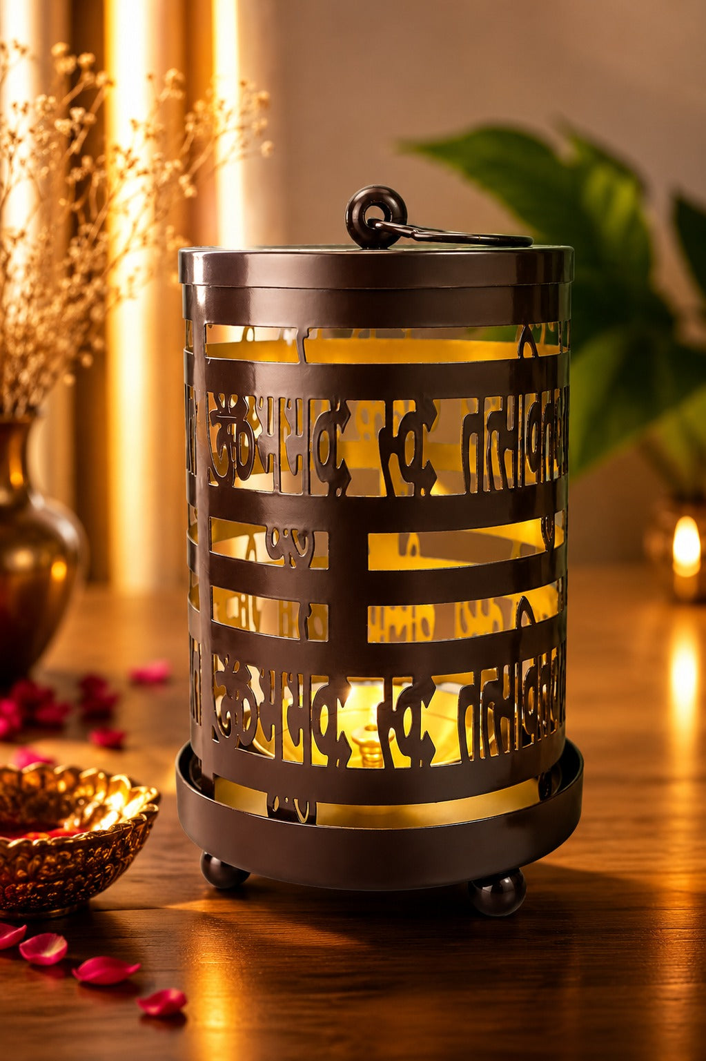 metal gayatri mantra diya lantern decorative cutwork oil lamp for home temple pooja room meditation festive decor