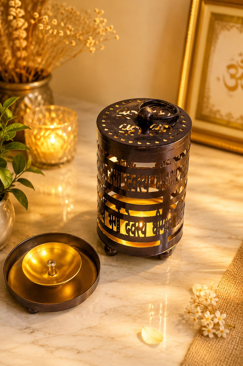 metal gayatri mantra diya lantern decorative cutwork oil lamp for home temple pooja room meditation festive decor