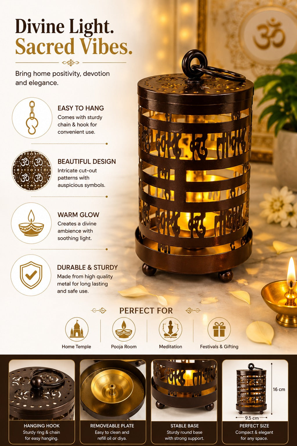 metal gayatri mantra diya lantern decorative cutwork oil lamp for home temple pooja room meditation festive decor
