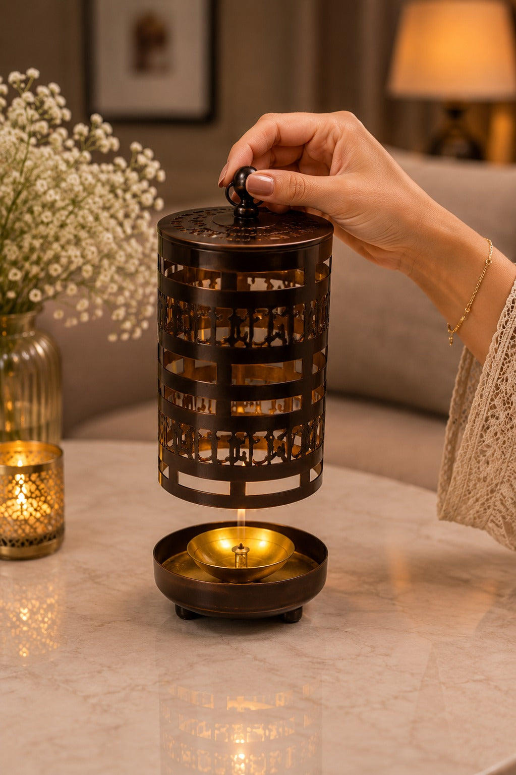 metal gayatri mantra diya lantern decorative cutwork oil lamp for home temple pooja room meditation festive decor