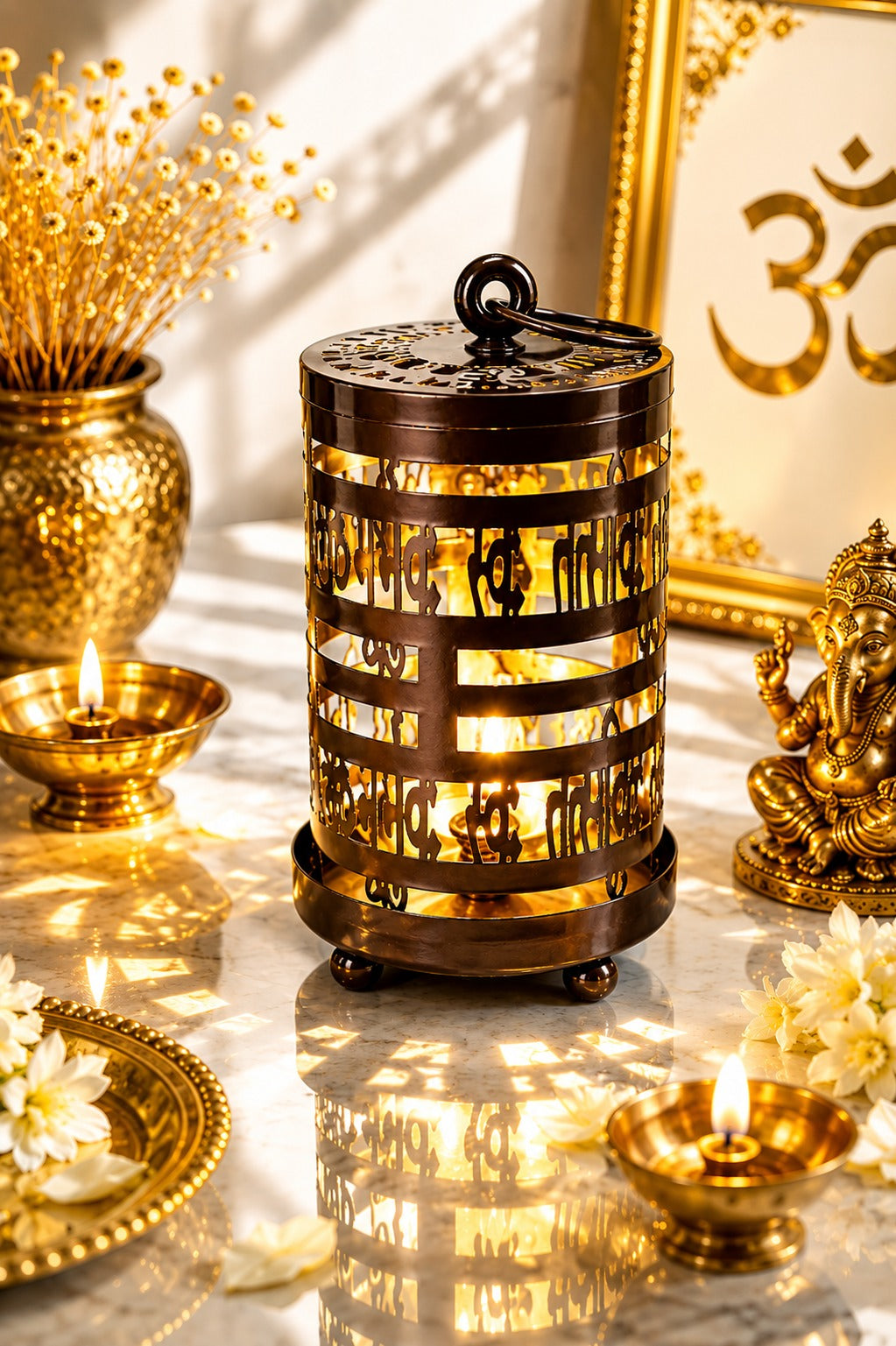 metal gayatri mantra diya lantern decorative cutwork oil lamp for home temple pooja room meditation festive decor