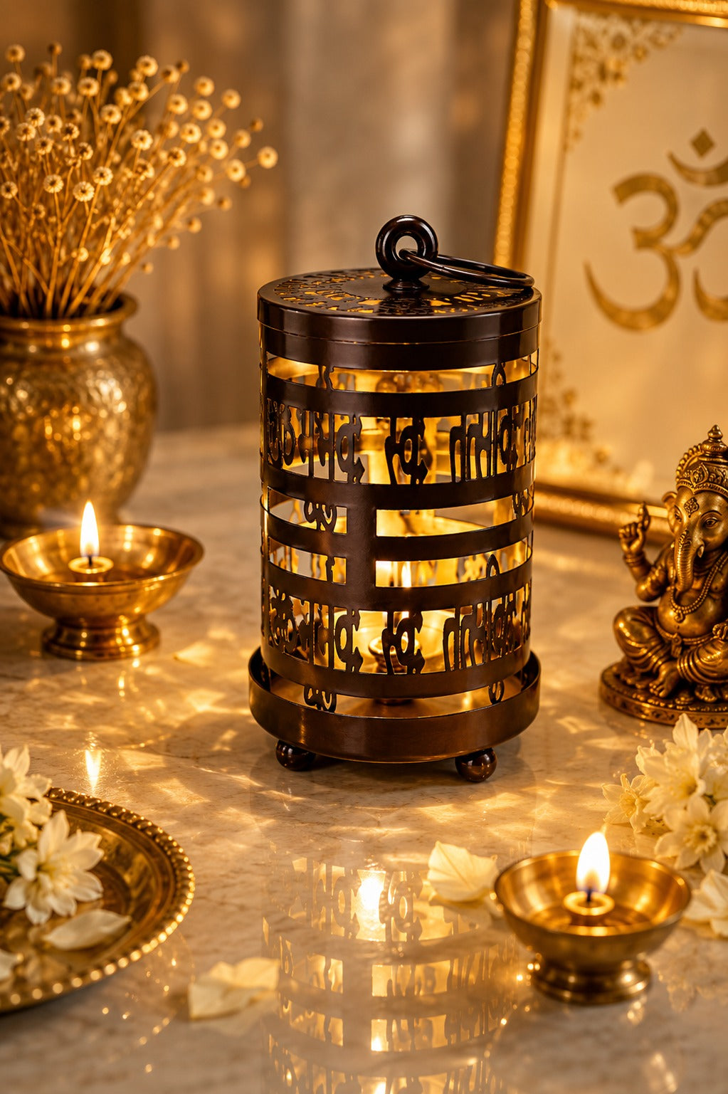 metal gayatri mantra diya lantern decorative cutwork oil lamp for home temple pooja room meditation festive decor