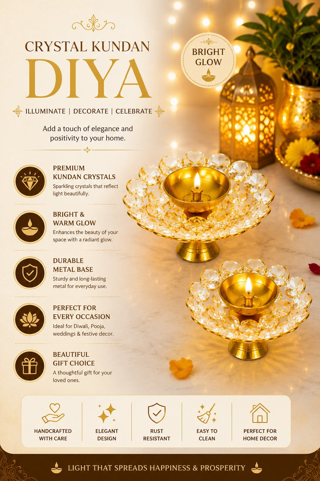 crystal kundan diya set of 2 decorative metal oil lamp with premium crystal design traditional pooja deepak for diwali temple home decor festive gifting
