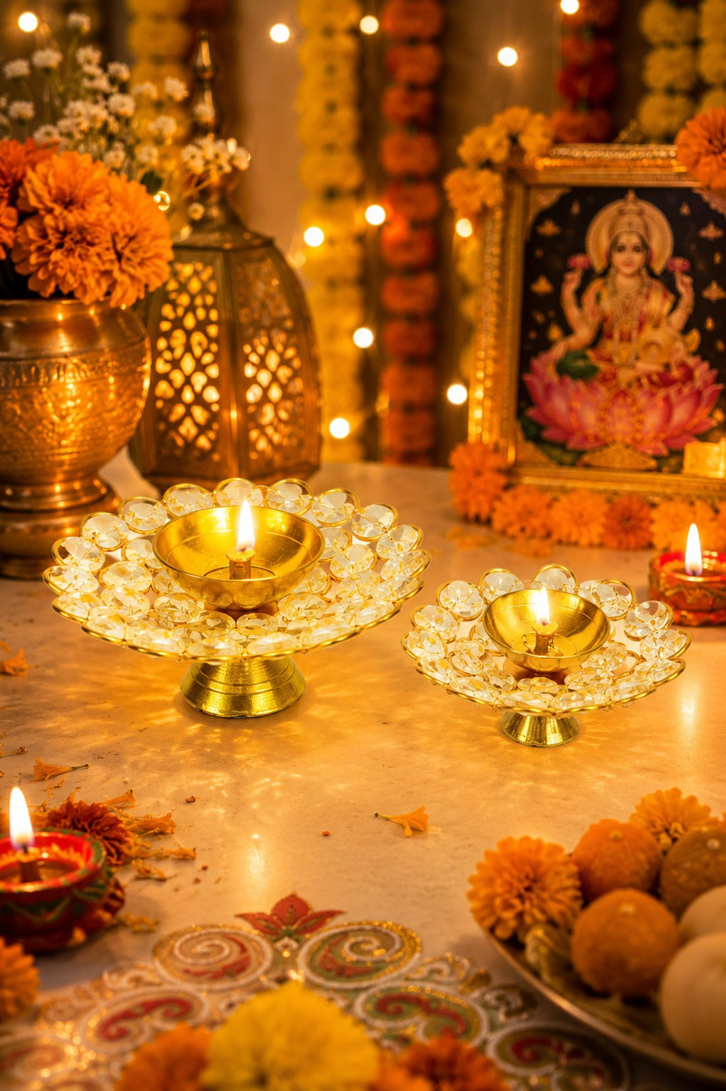 crystal kundan diya set of 2 decorative metal oil lamp with premium crystal design traditional pooja deepak for diwali temple home decor festive gifting