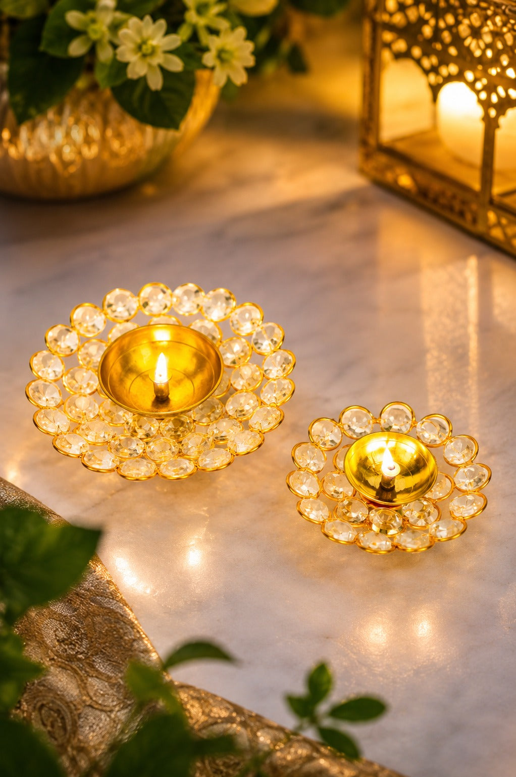 crystal kundan diya set of 2 decorative metal oil lamp with premium crystal design traditional pooja deepak for diwali temple home decor festive gifting