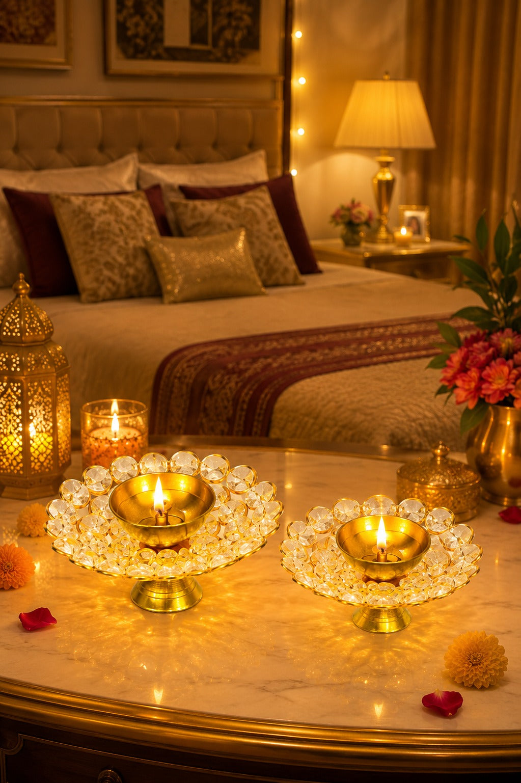 crystal kundan diya set of 2 decorative metal oil lamp with premium crystal design traditional pooja deepak for diwali temple home decor festive gifting