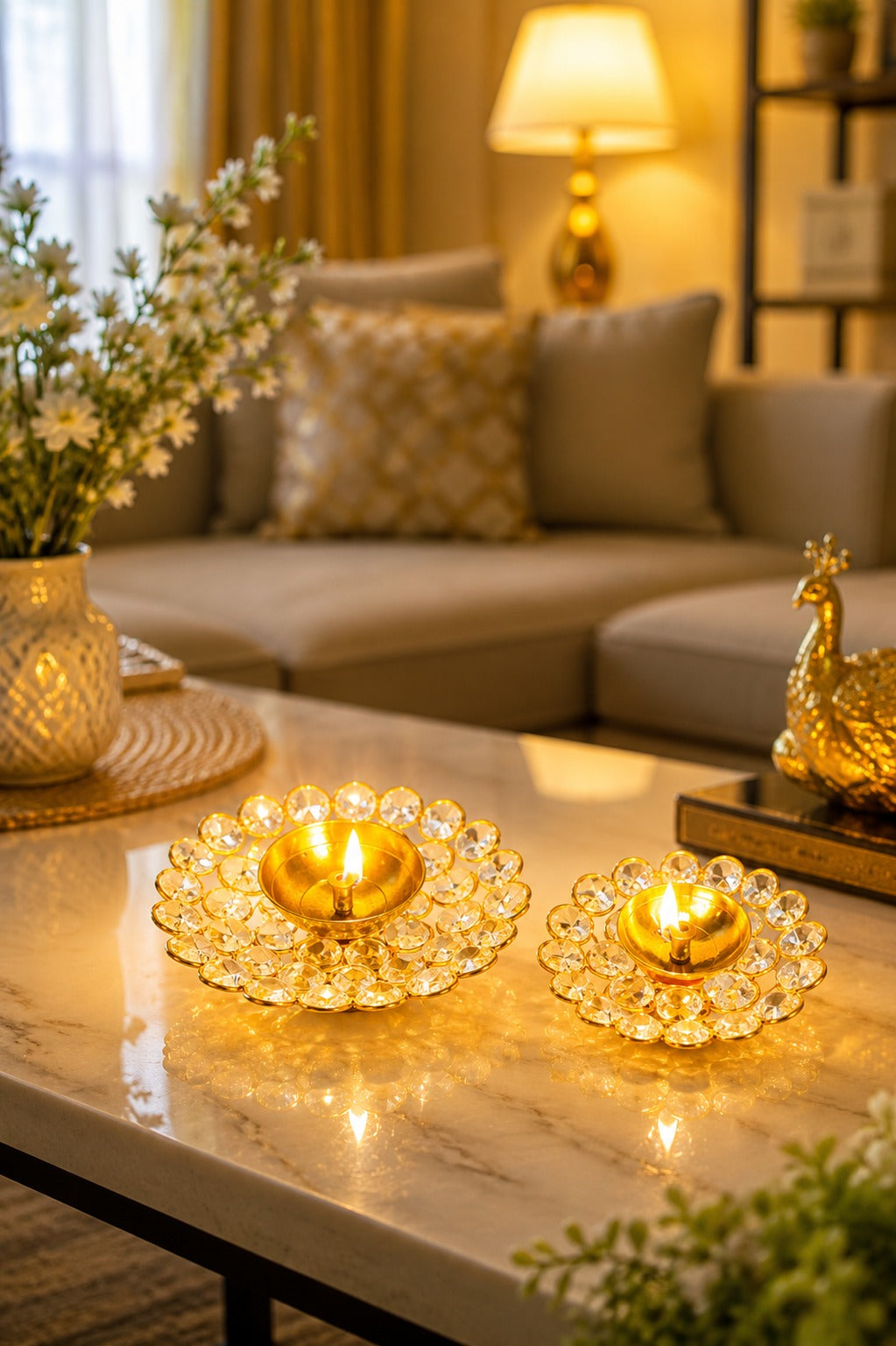 crystal kundan diya set of 2 decorative metal oil lamp with premium crystal design traditional pooja deepak for diwali temple home decor festive gifting