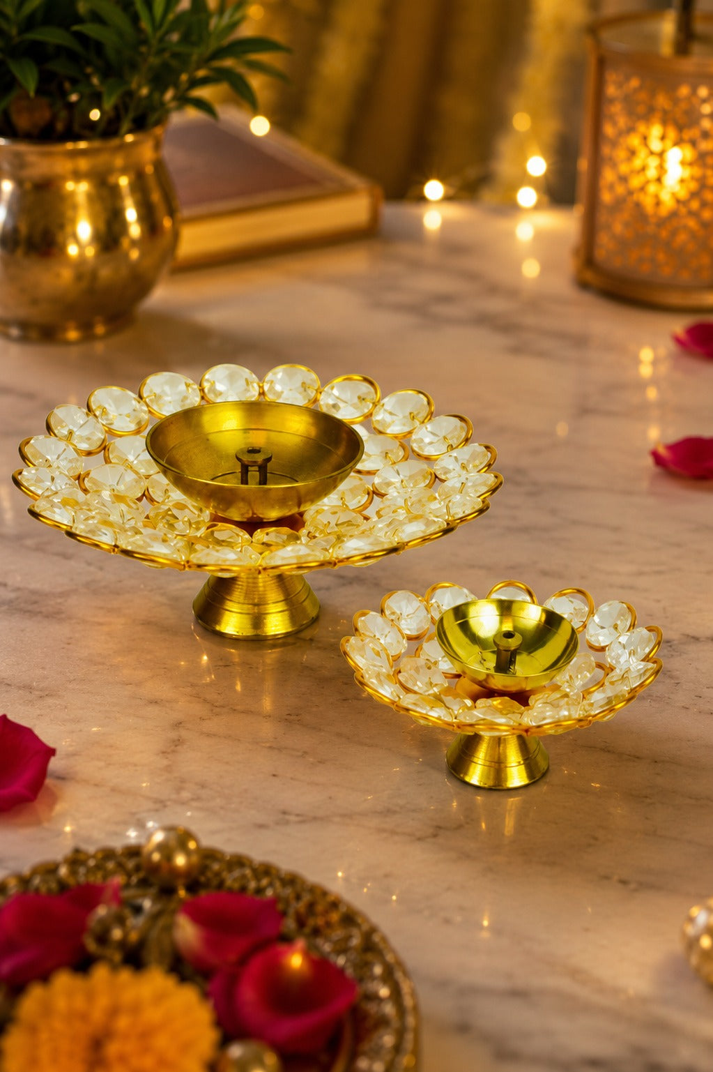 crystal kundan diya set of 2 decorative metal oil lamp with premium crystal design traditional pooja deepak for diwali temple home decor festive gifting