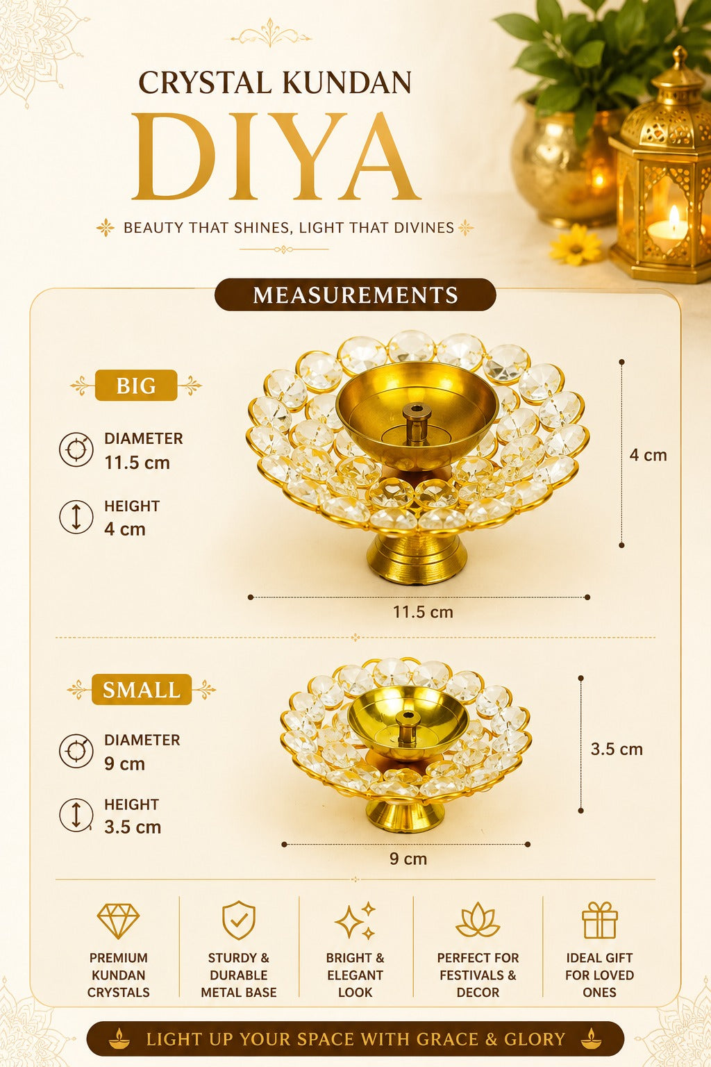 crystal kundan diya set of 2 decorative metal oil lamp with premium crystal design traditional pooja deepak for diwali temple home decor festive gifting