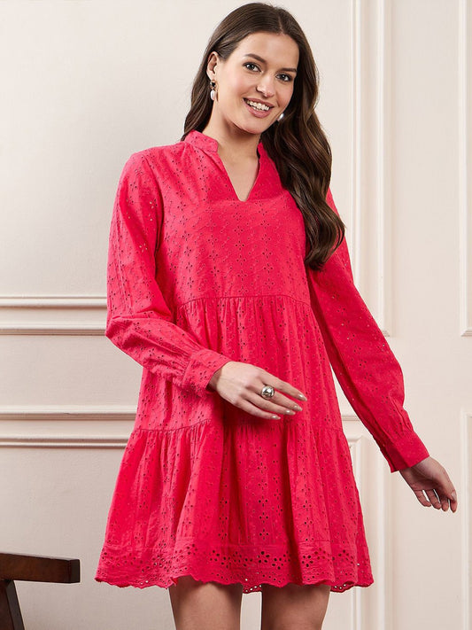 Zummer Pink Schiffli Tiered Mini Dress